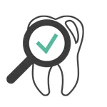 A tooth with a magnifying glass and a checkmark.